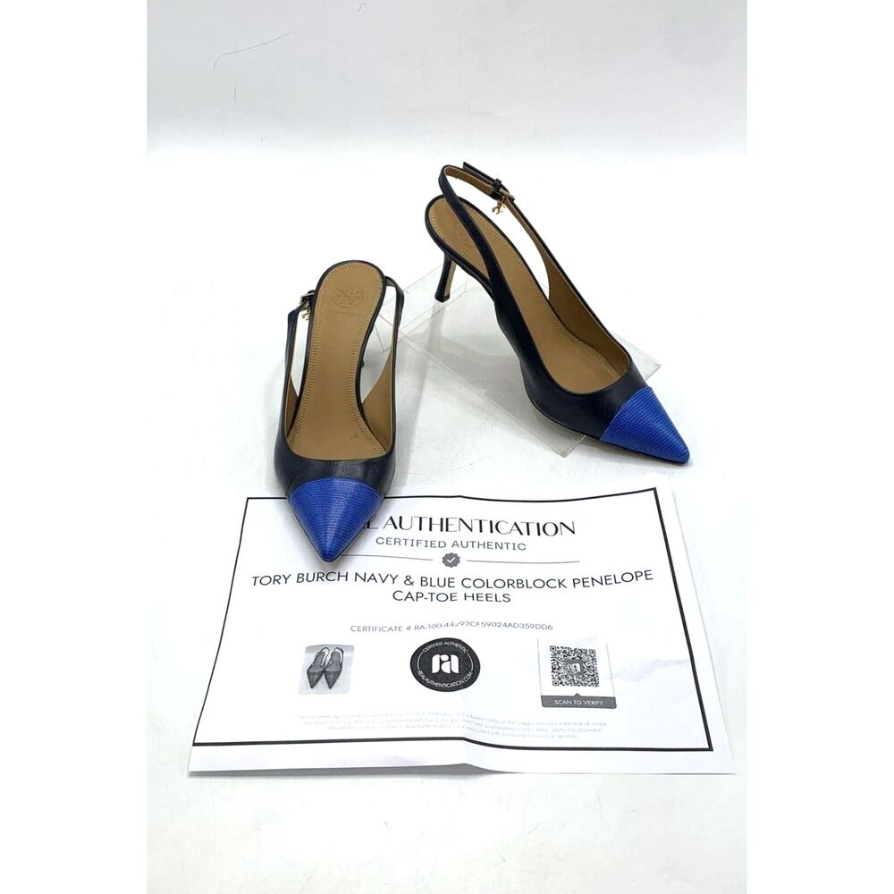 Tory Burch Navy & Blue Colorblock Penelope Cap-Toe Heels Size 7.5 With COA